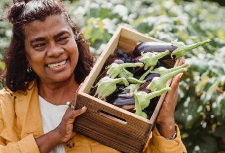 Industry Trends, Growth - Joyful middle aged ethnic female farmer in casual clothes smiling and carrying wooden box with heap of fresh organic eggplants while working on plantation on sunny day