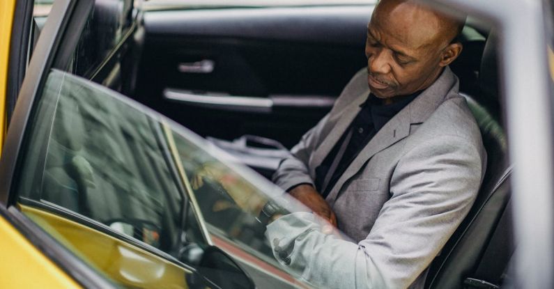 Time Management, Success - Side view punctual adult African American businessman in formal clothing sitting in taxi car and checking time on wristwatch
