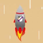 Overcoming Obstacles, Career Growth - Vector illustration of cheerful man in flying rocket