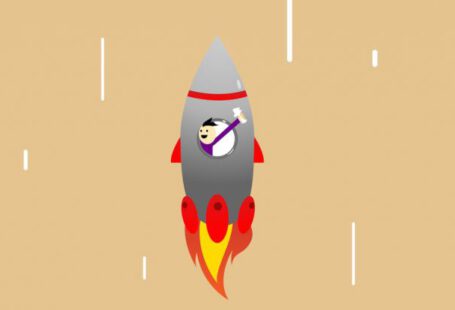 Overcoming Obstacles, Career Growth - Vector illustration of cheerful man in flying rocket